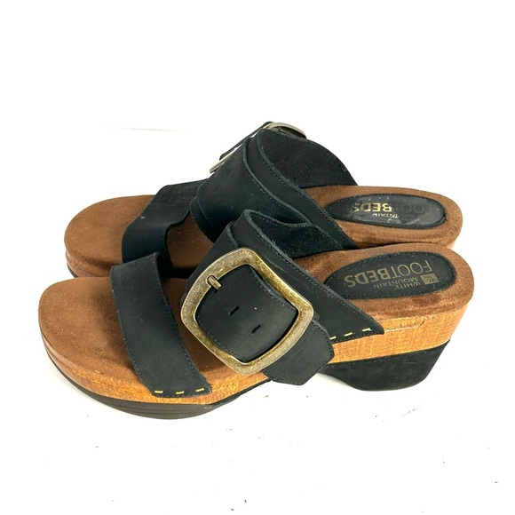White Mountain Footbeds Slip On Platform Wedge Heel Sandals Black Leather Size 8 - Picture 3 of 12